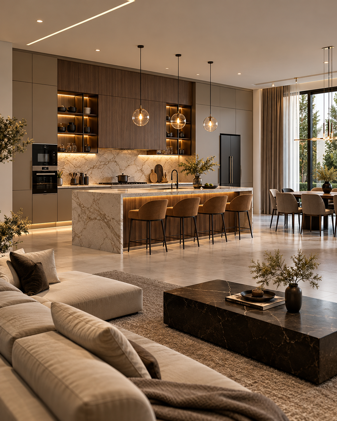 Open kitchen connected to a contemporary living space with a central island