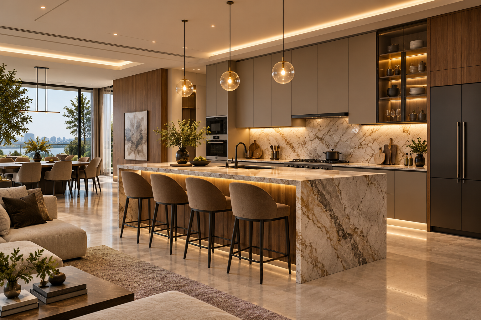 Semi-open kitchen with defined cooking area and connected dining space