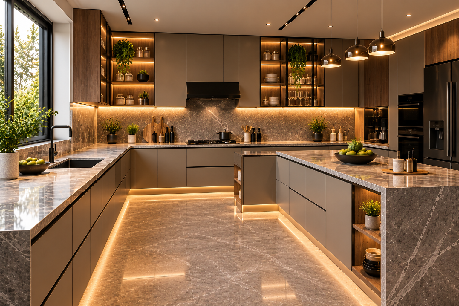 Premium G-shaped modular kitchen with extended counter and smart storage