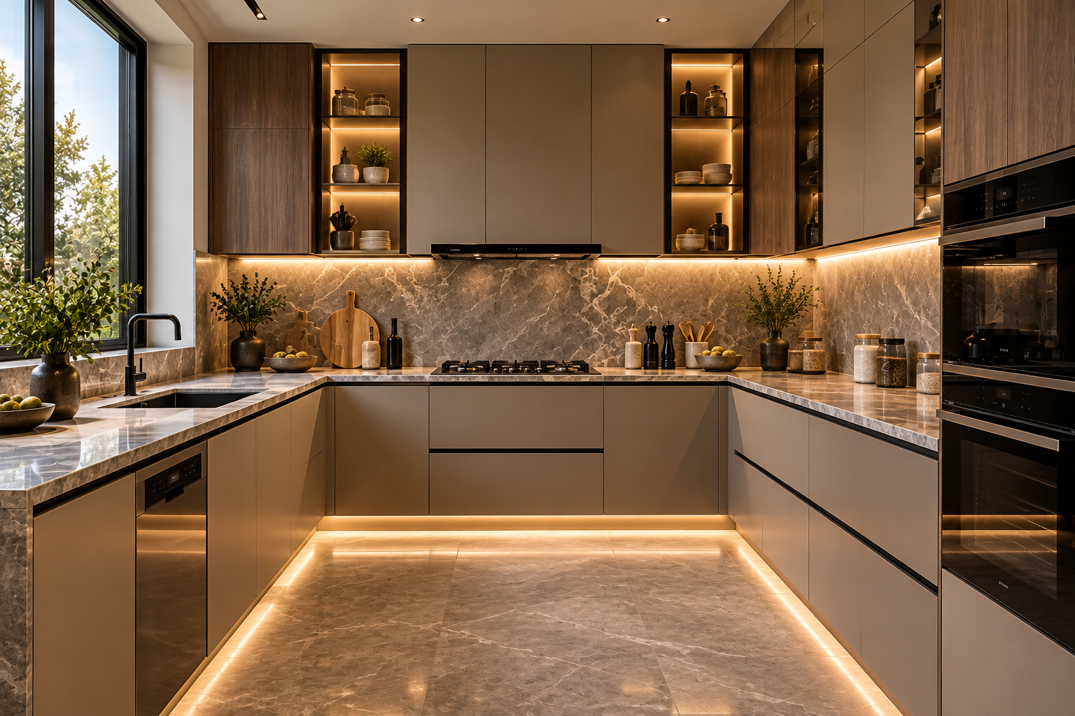 Modern U-shaped modular kitchen with sleek cabinetry and marble worktop