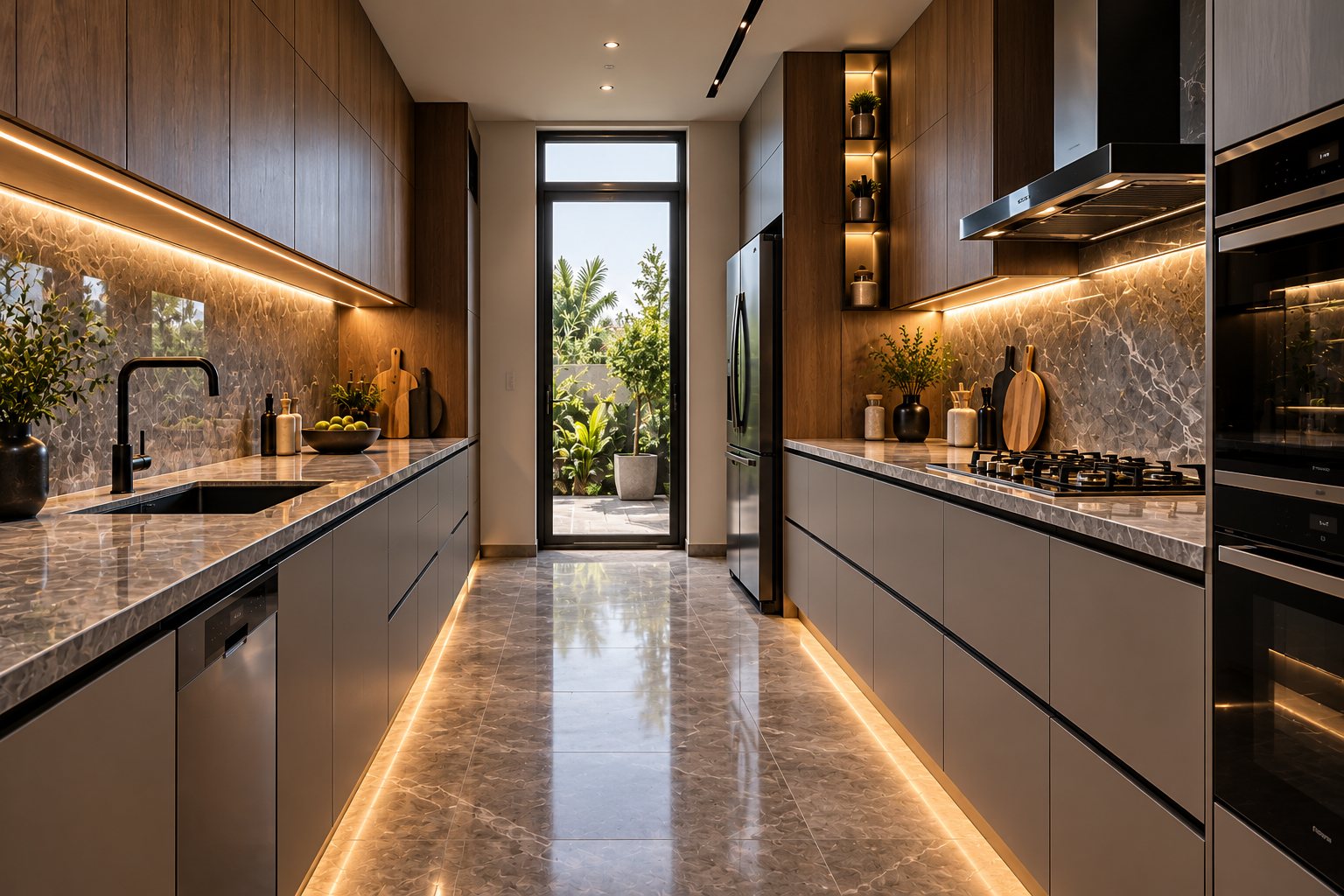 Contemporary parallel modular kitchen with wood cabinetry and stone surfaces