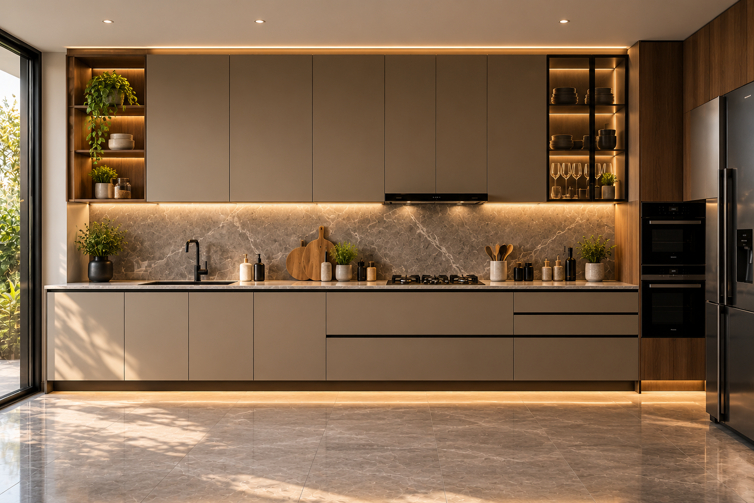 Modern straight modular kitchen with sleek cabinets and integrated appliances