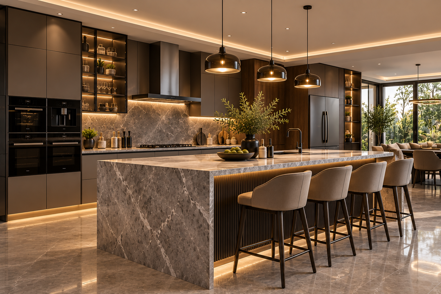 Luxury island modular kitchen with marble island and warm ambient lighting